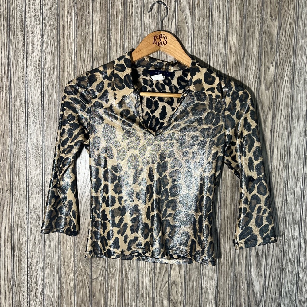 y2k Leopard Print Silver Metallic V-Neck Collared 3/4 Sleeve Club Rave Blouse